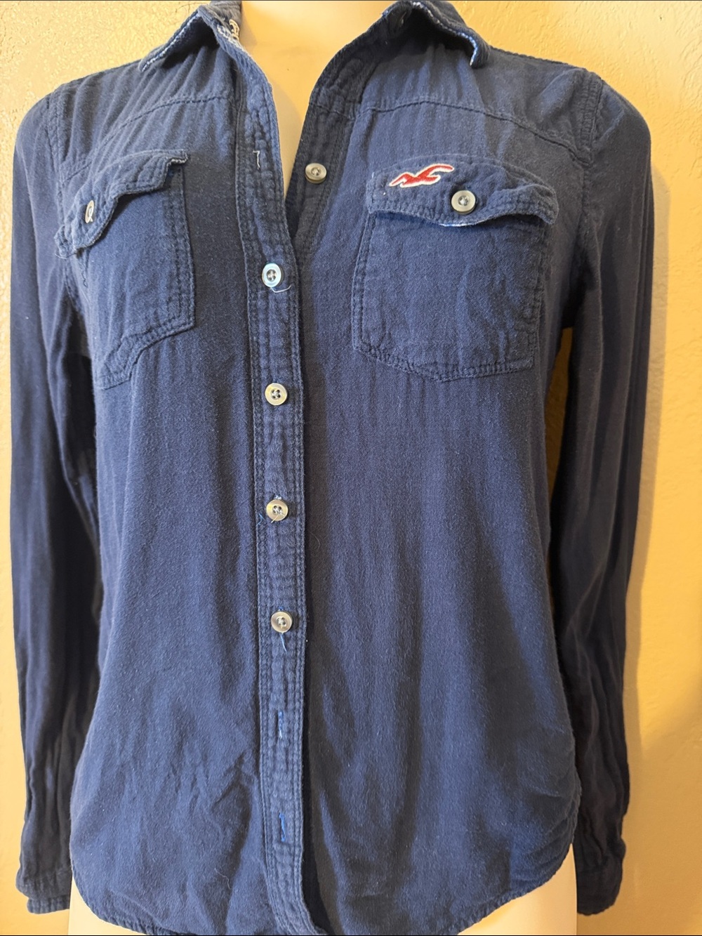 Hollister Men's Dark Blue Long-Sleeve Button-Down Shirt